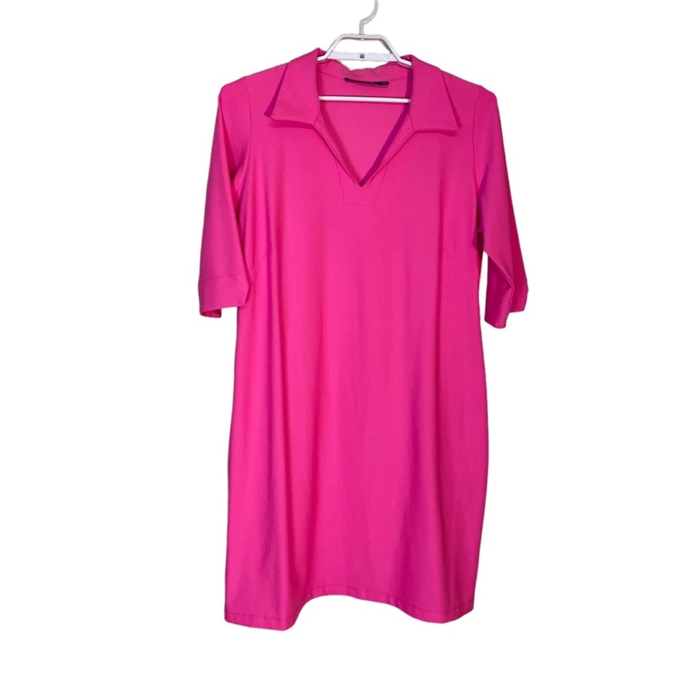 Katherine Way Coco Shift Dress Stretchy V-Neck 3/4 Sleeves Bright Pink Size 2x